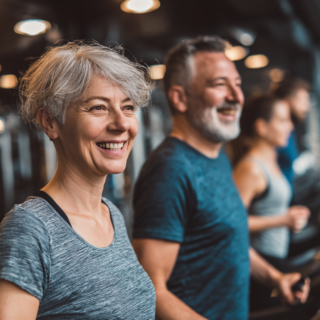 Smiling middle-aged Ukrainian woman practicing gentle fitness exercises outdoors in a peaceful natural setting